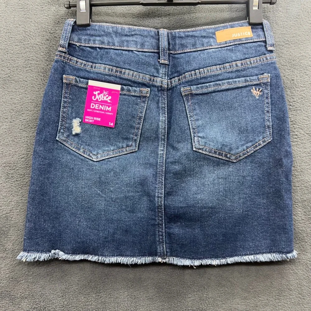 Justice Denim Distressed Frayed Hem High Rise Blue Jean Skirt - Girls